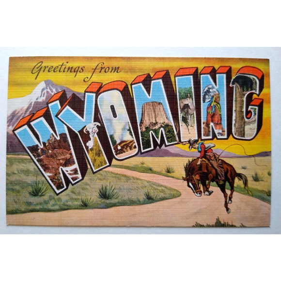 Greetings Hello From Wyoming Postcard Large Big Letter Unused Kropp Horse Cowboy - Picture 1 of 2